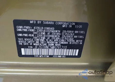 2021 Subaru Crosstrek Limited z USA, uszkodzony, nr VIN JF2GTHNC5MH291210